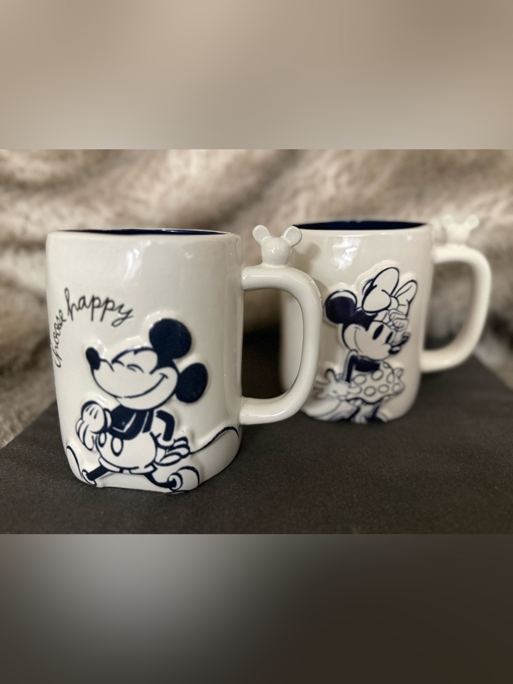 Rae Dunn Disney White and Navy Mickey & Minnie Ceramic Mug Set